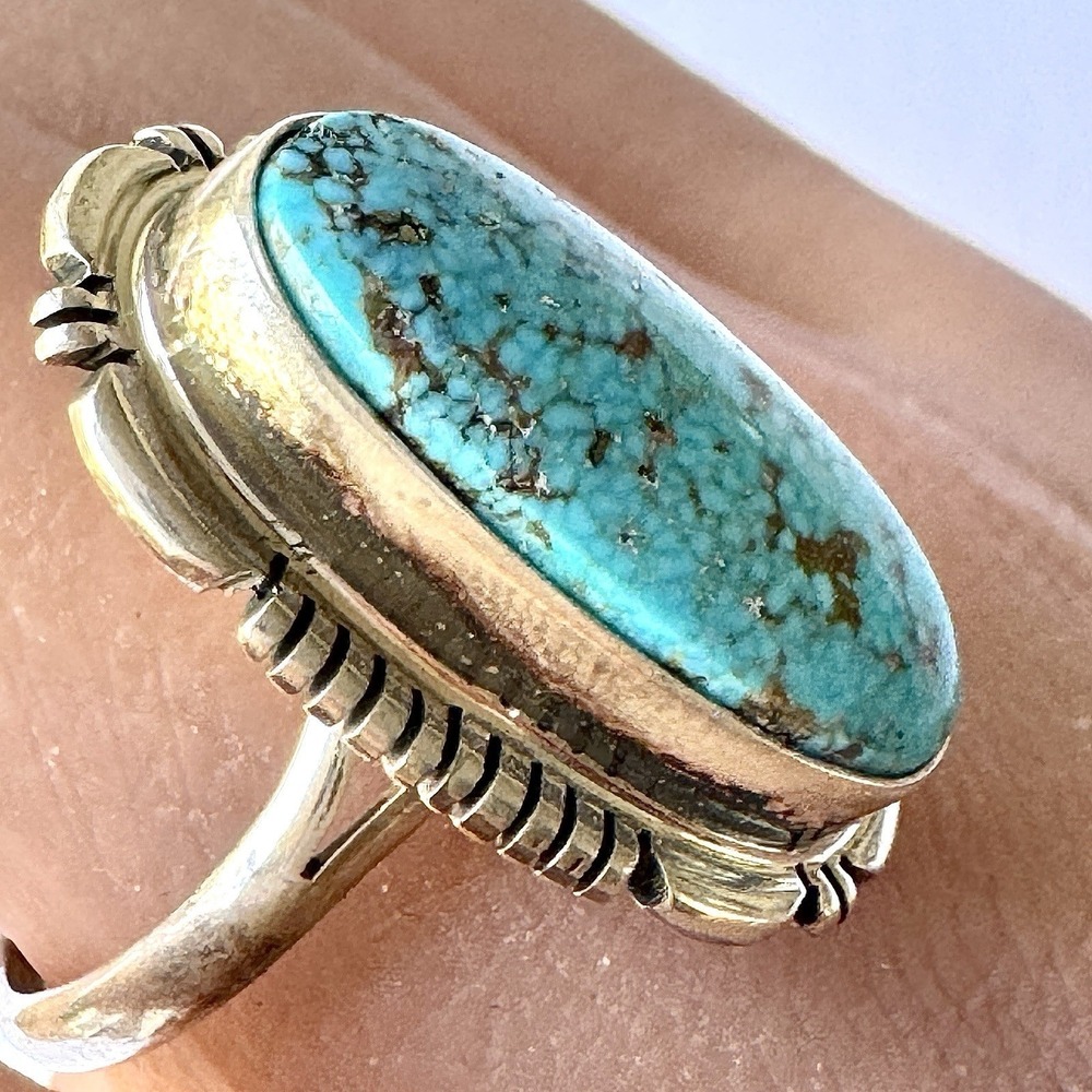 Navajo Sonoran Gold Turquoise Ring Sz 9 Sterling Norvin Johnson Shine Fluted - Picture 3 of 12